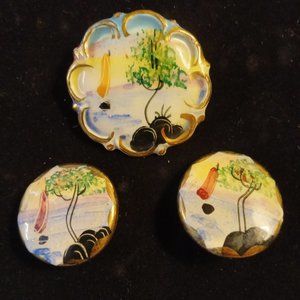 Vintage 1960's to 70's Hand Painted Brooch And Earings Set
